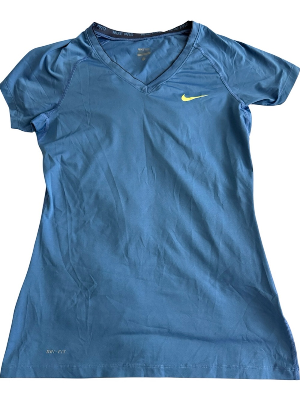 Nike Women’s Blue V-Neck Dri-FIT Tee with Neon Yellow Swoosh